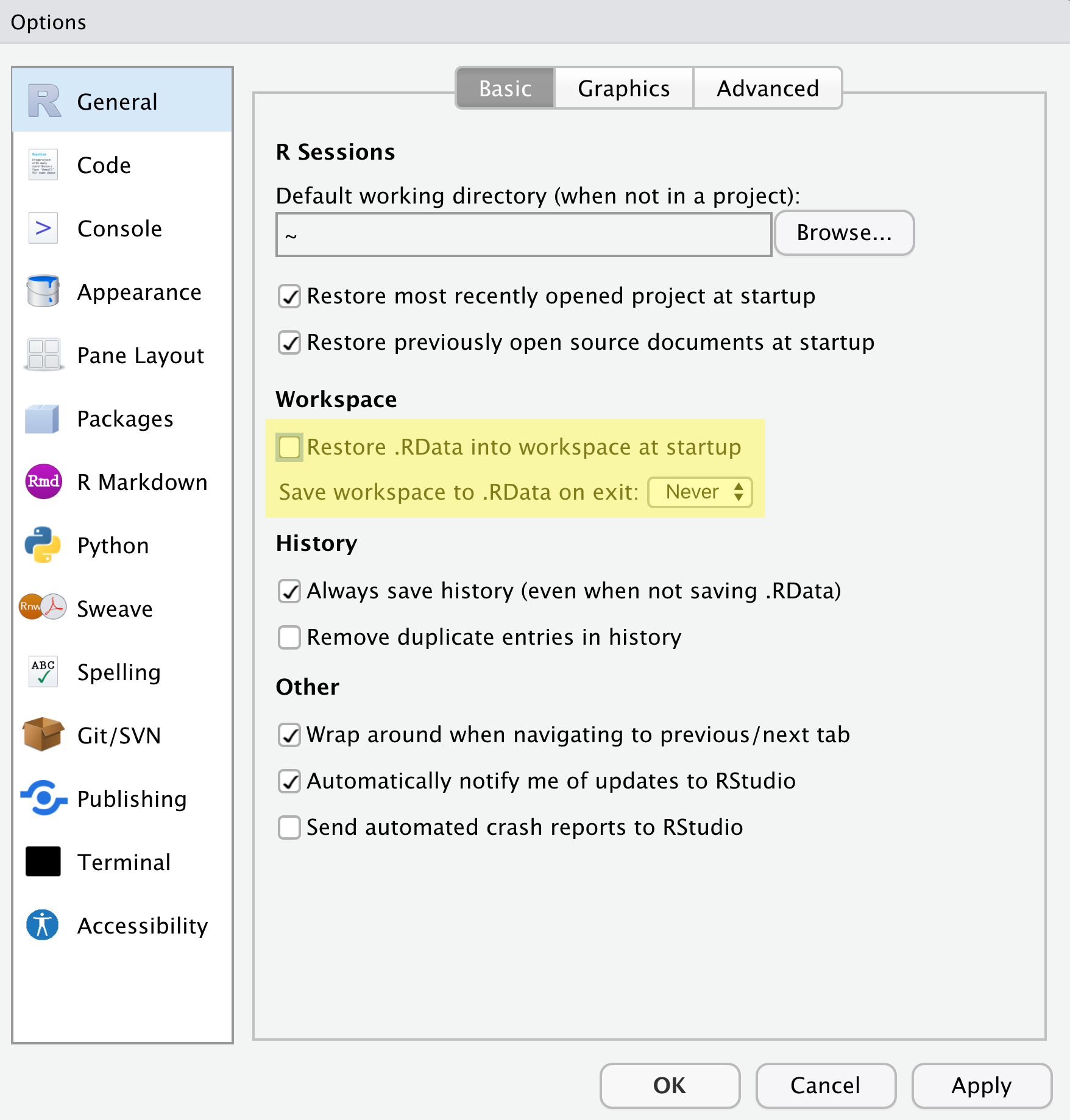 Screenshot of the RStudio Global Options, with "Restore .RData into workspace at startup" unchecked, and "Save workspace to .RData on exit" set to "Never".