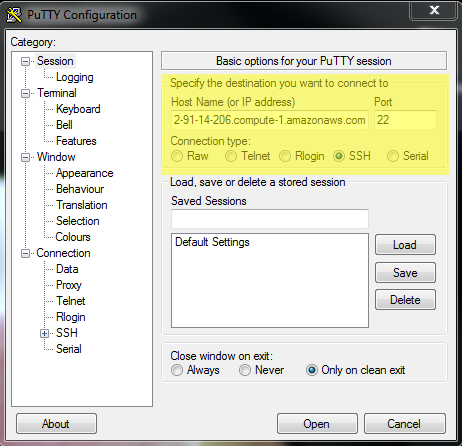 Screenshot showing the location of the Host Name, Port, and Connection Type fields in the PuTTY Configuration