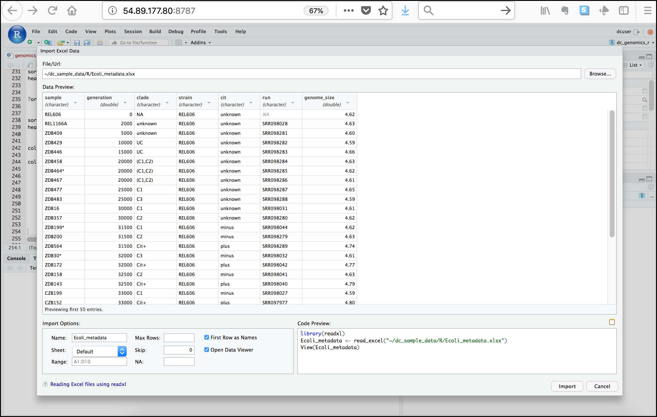 RStudio import screen