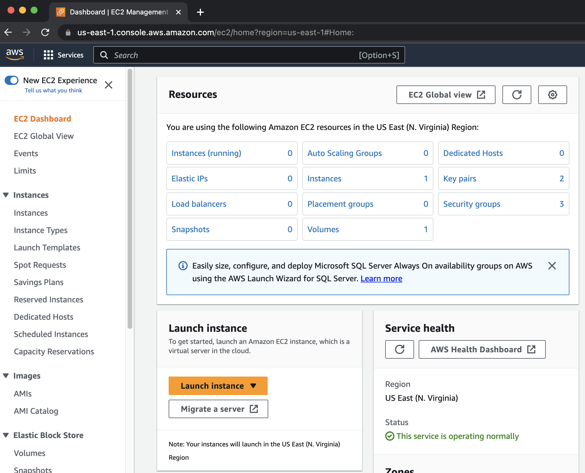 Screenshot of AWS EC2 dashboard showing location of launch instance button.