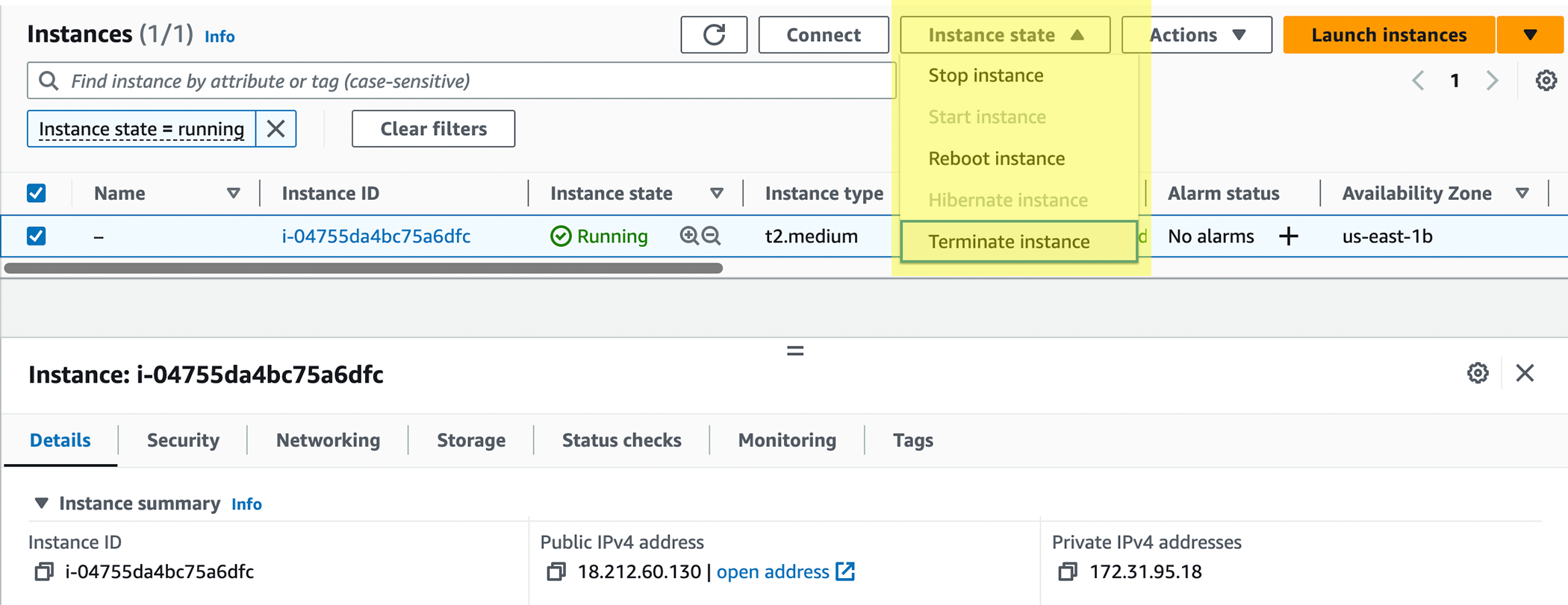 Screenshot of AWS EC2 dashboard showing drop-down menu for terminating an instance.