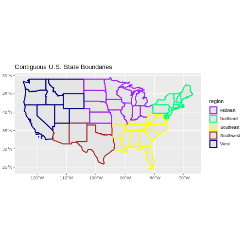 Map of the continental United States where the state lines are colored by region.