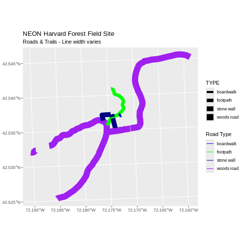 Roads and trails in the area demonstrating how to use different line thickness and colors.