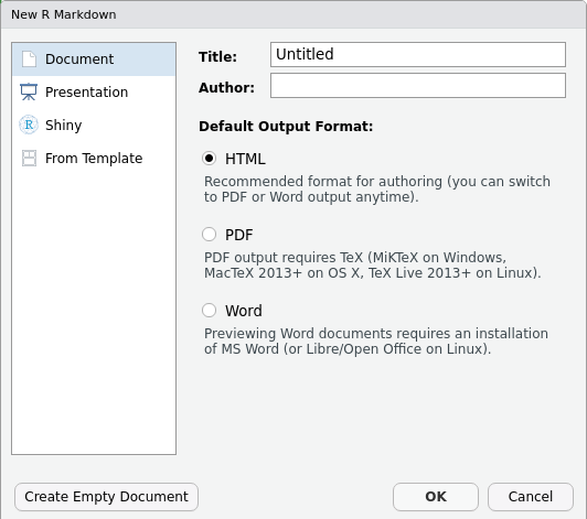 Screenshot of the New R Markdown file dialogue box in RStudio