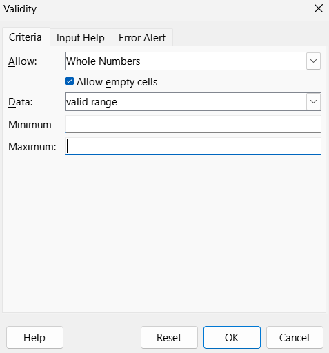 Image of data validation tab in LibreOffice