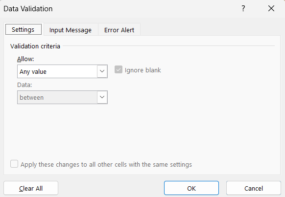 Image of data validation tab in Excel